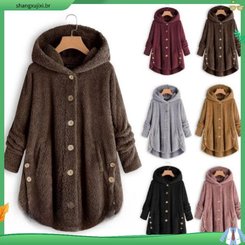 Plus size Casaco feminino sobretudo de inverno/ de frio teddy de lã com capuz quente de pelúcia cor sólida cardigan P5XG