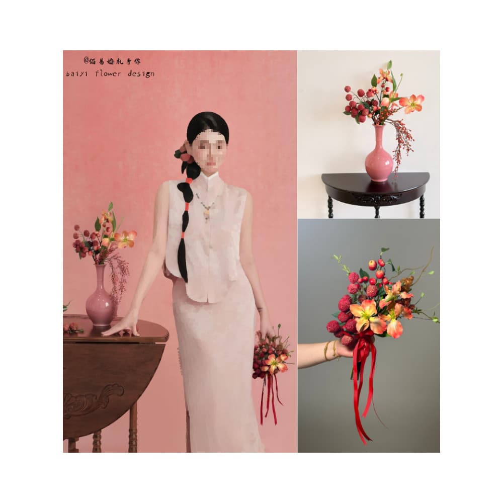 Novos acessórios para fotos em estilo chinês rosa, brinquedo de lichia, buquê de noiva, arranjo floral vermelho, item po