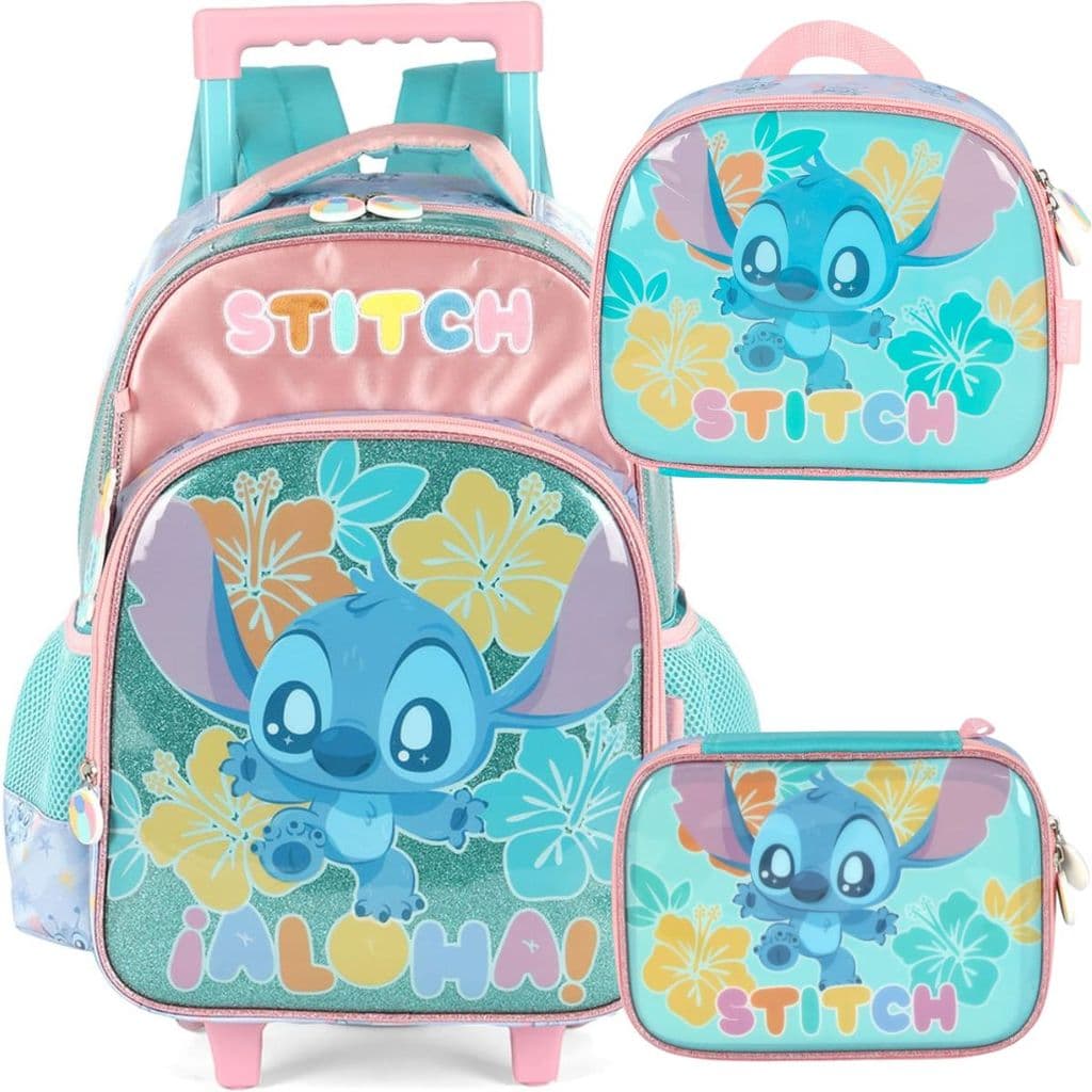 Kit Mochila Rodinhas Infantil Lancheira Estojo Escolar Stitch Scrump Disney Turquesa Luxcel