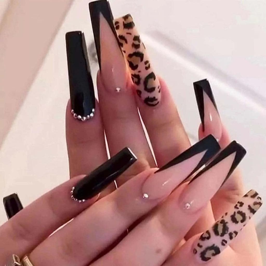 Hkanlre Caixão Imprensa Em Unhas Longas Francesas Falsas Bling Acrílico Cobertura Completa Leopardo Impressão Falso Stra
