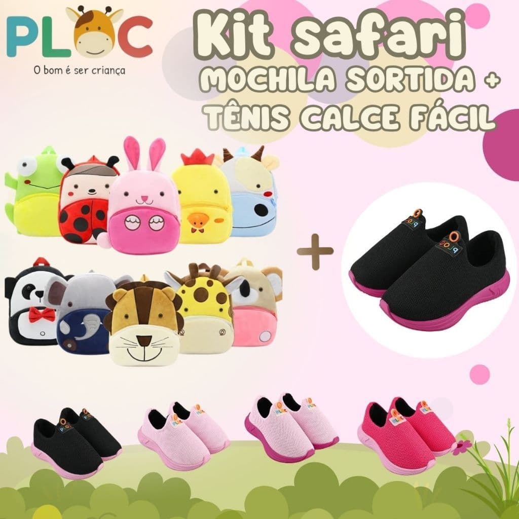 Kit Safari Ploc: MOCHILA SAFARI SORTIDA MENINA + Tênis Calce Fácil Passeio Escola P26