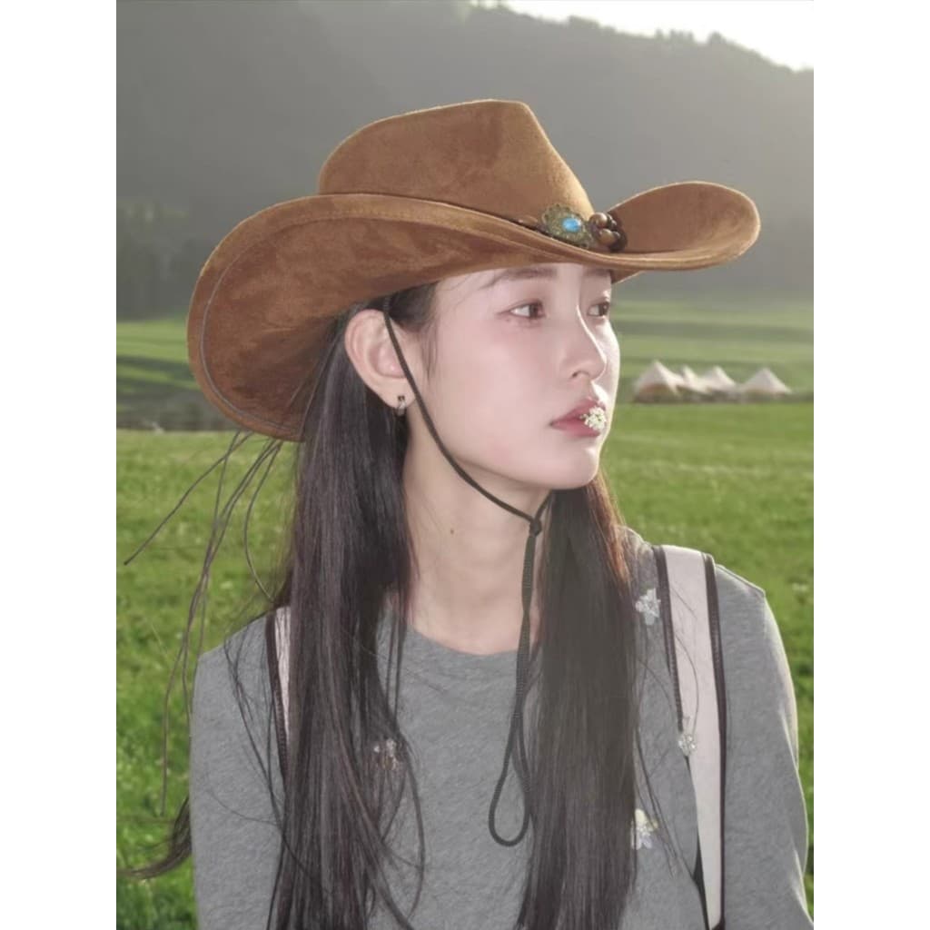 Chapéu de Cowboy ocidental retrô americano feminino verão Xinjiang Tibet viagem usar aba grande caminhadas ao ar livre c