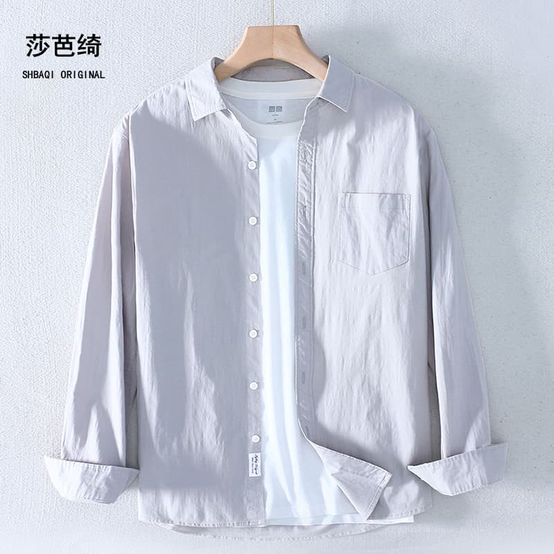 Estilo japonês primavera verão estilo fino solto Casual lapela camisa de algodão puro manga longa fundo masculino High-E