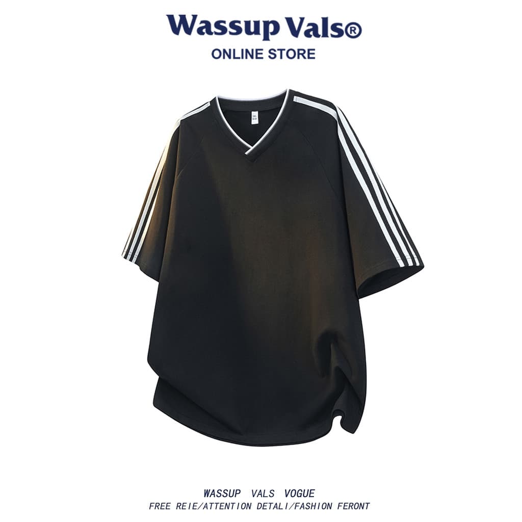 WASSUP VALS Street Wear listrado com decote em V manga curta camiseta masculina verão casal solto Casual esportes metade