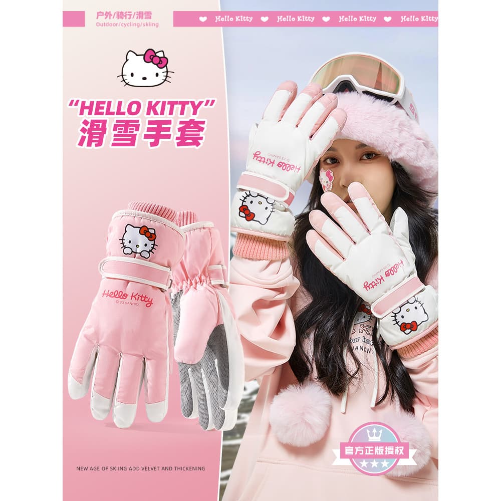 Hellokitty luvas de esqui femininas inverno engrossado velo ciclismo veículo elétrico luvas de algodão quente à prova dw