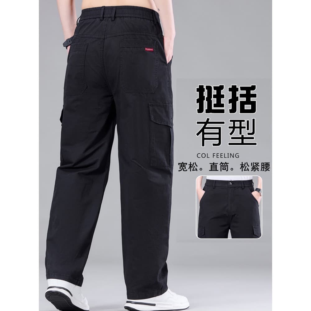 Macacão de verão masculino algodão fino cintura elástica calças casuais calças de trabalho Multi-saco calças de seguranç