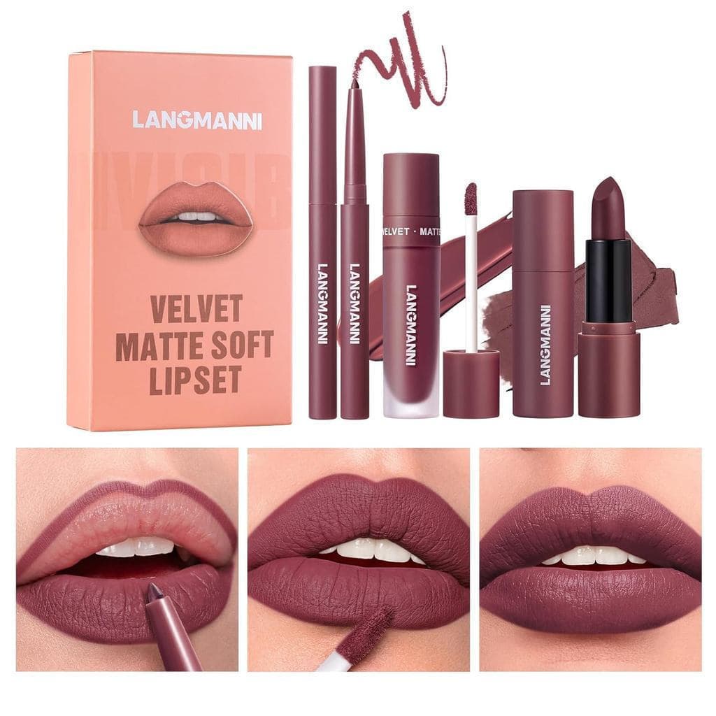 LANGMANNI Conjunto de Batom Matte Velvet 3 em 1 - Delineador Labial, Brilho Labial e Batom, Perfeito para o Contorno d