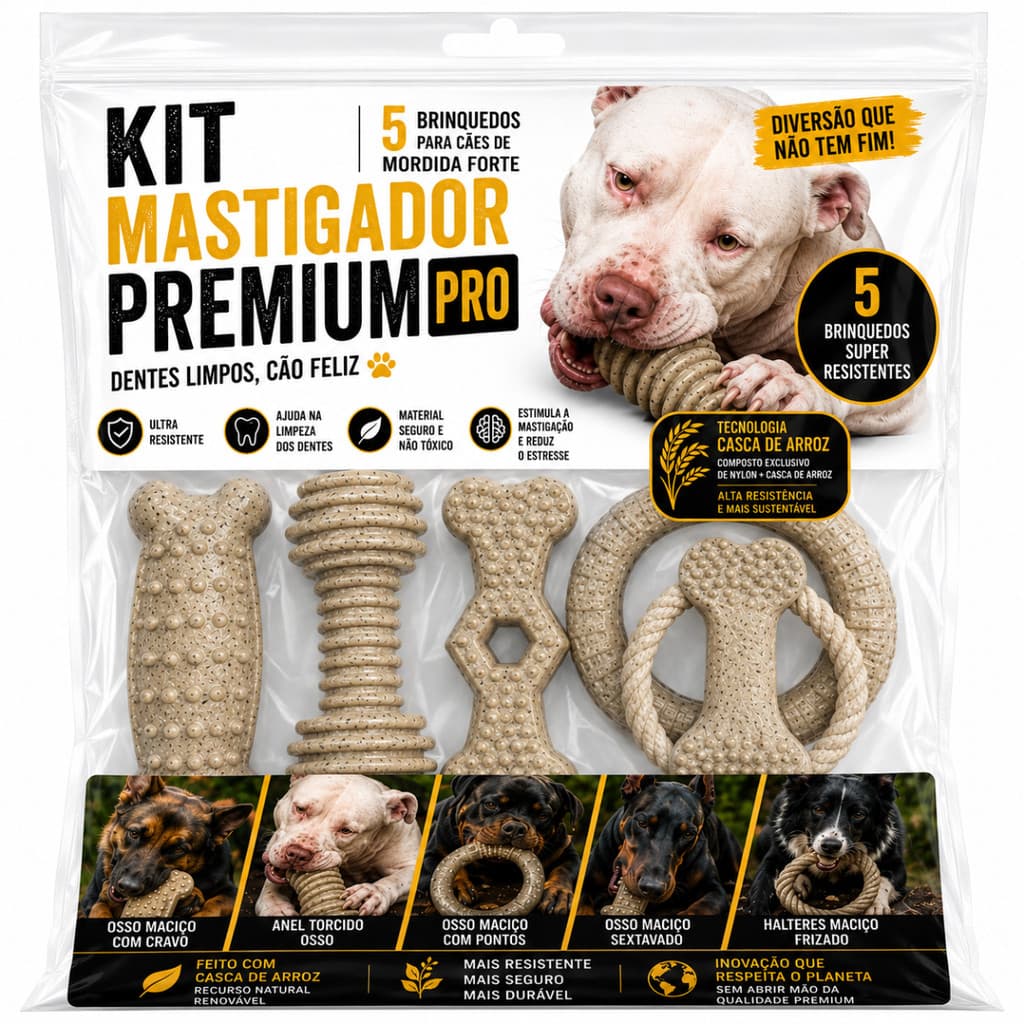 KIT MORDIDA FORTE ECO PREMIUM – 5 Mordedores Para Cachorro Pitbull Rottweiler Pastor Alemão Nylon