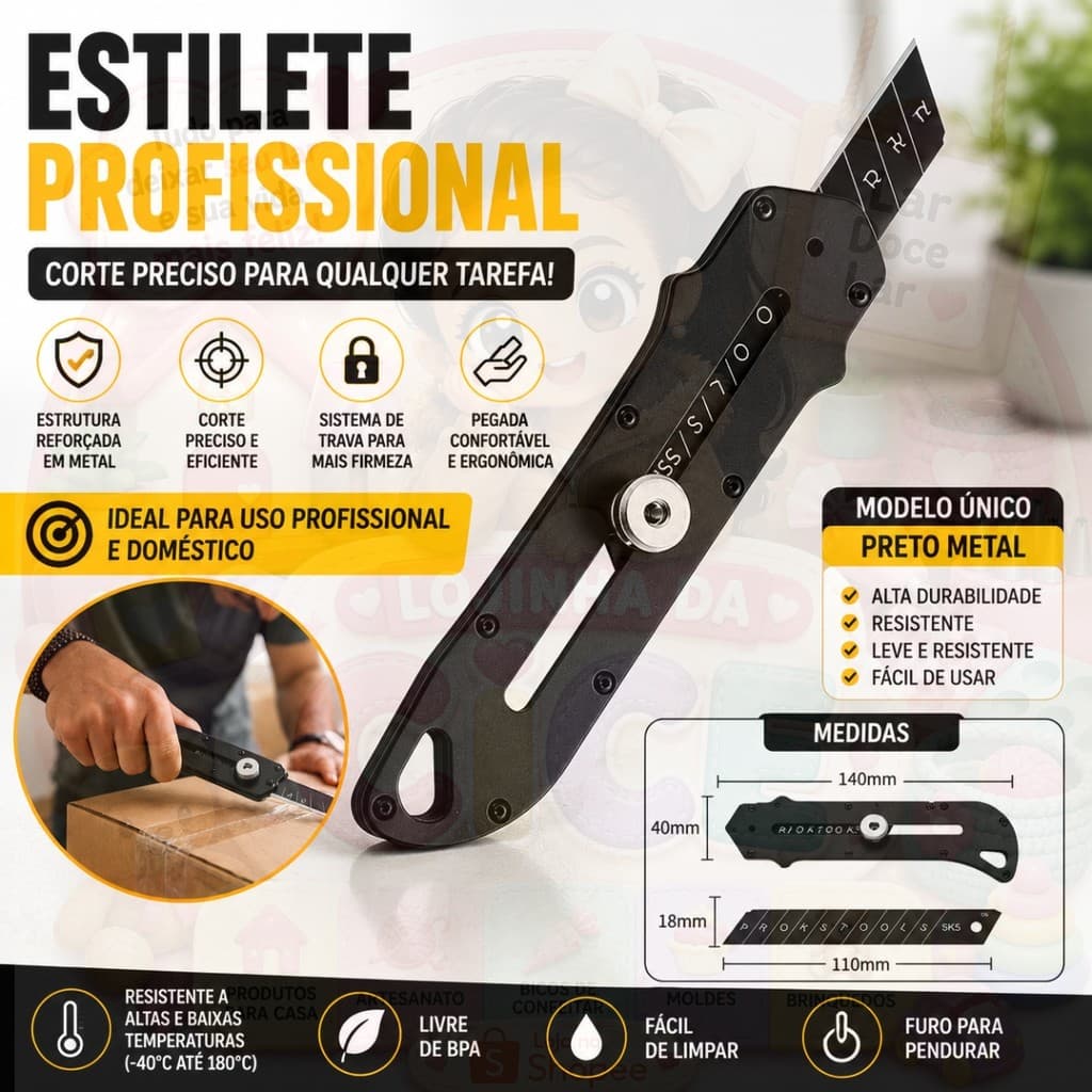 Estilete Profissional Metal Preto Retrátil Multiuso Lâmina SK5 Corte Preciso Reforçado