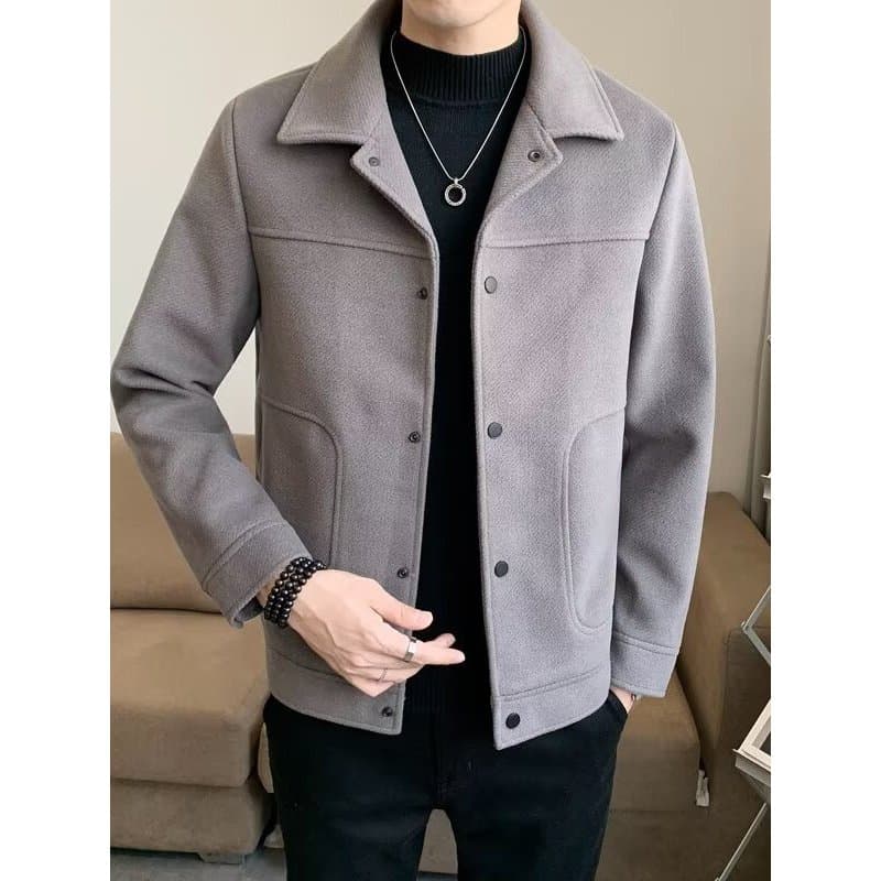 Casaco de lã curto masculino versão coreana na moda fino-ajuste bonito lapela jaqueta de lã Street Wear jaqueta masculin
