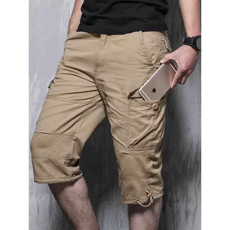 Calças cortadas com vários bolsos masculinas soltas macacão reto verão mais gordura mais calças casuais Shorts calças es
