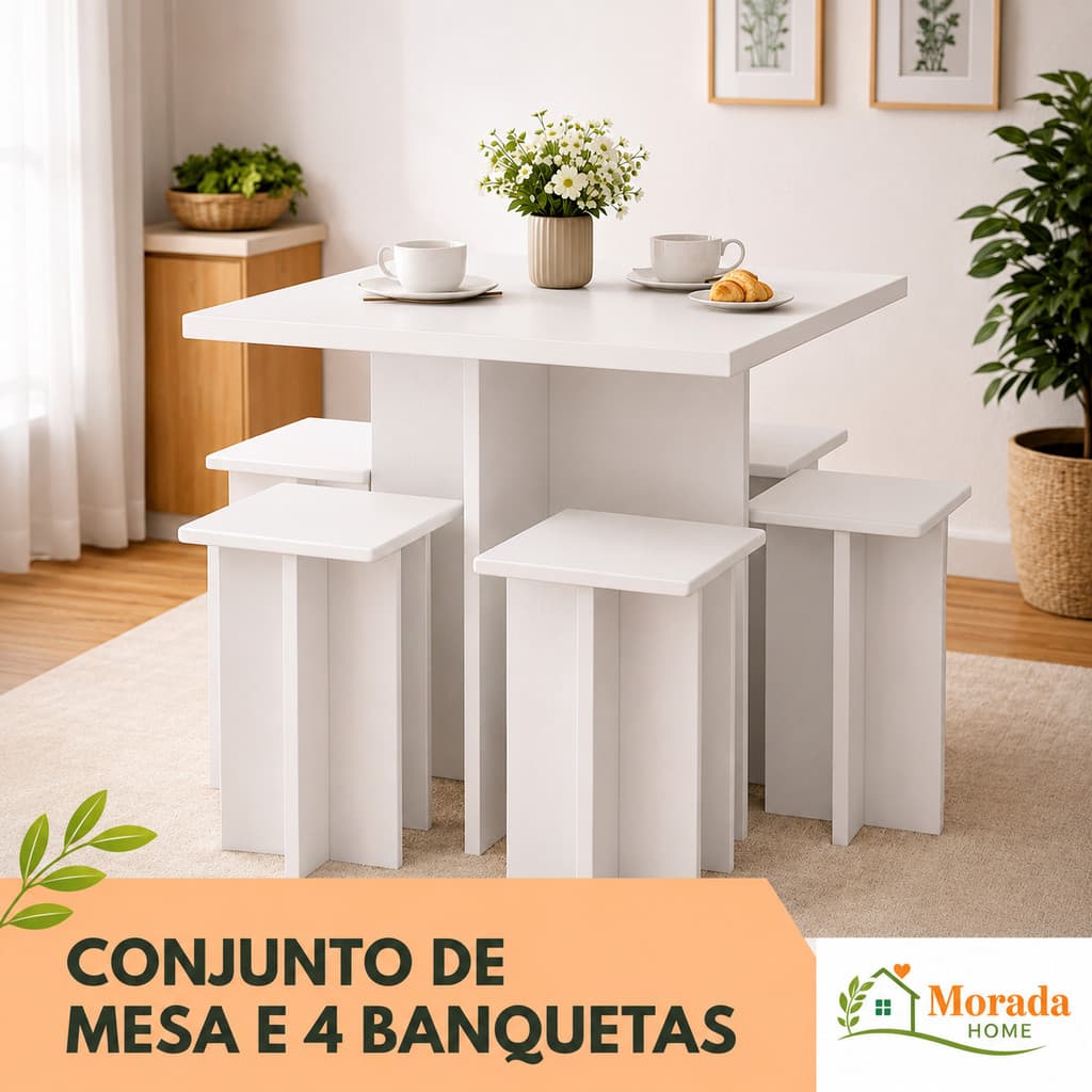 Mesa de Jantar Compacta com 4 Bancos para Cozinha, Kitnet e Espaços Pequenos