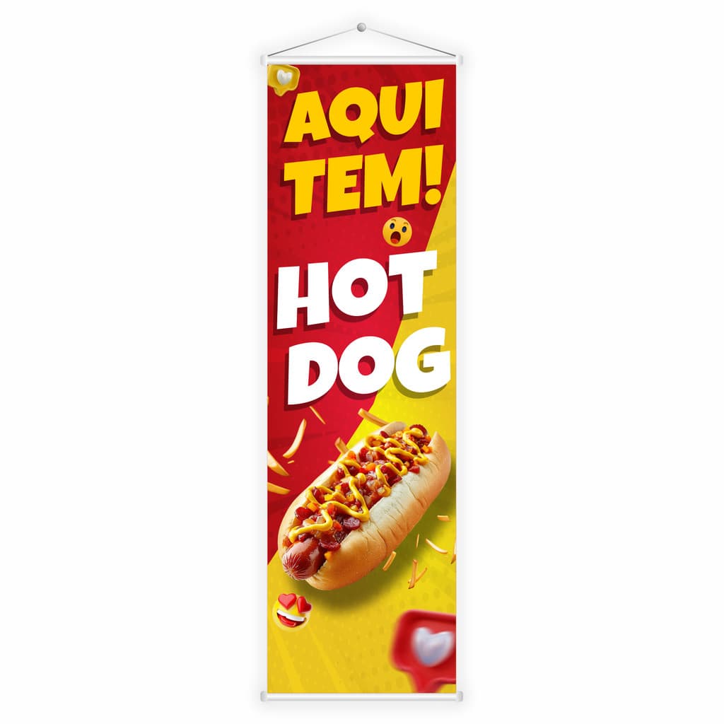 Banner Faixa Lona Aqui Tem Cachorro Quente Lanchonete 100x30