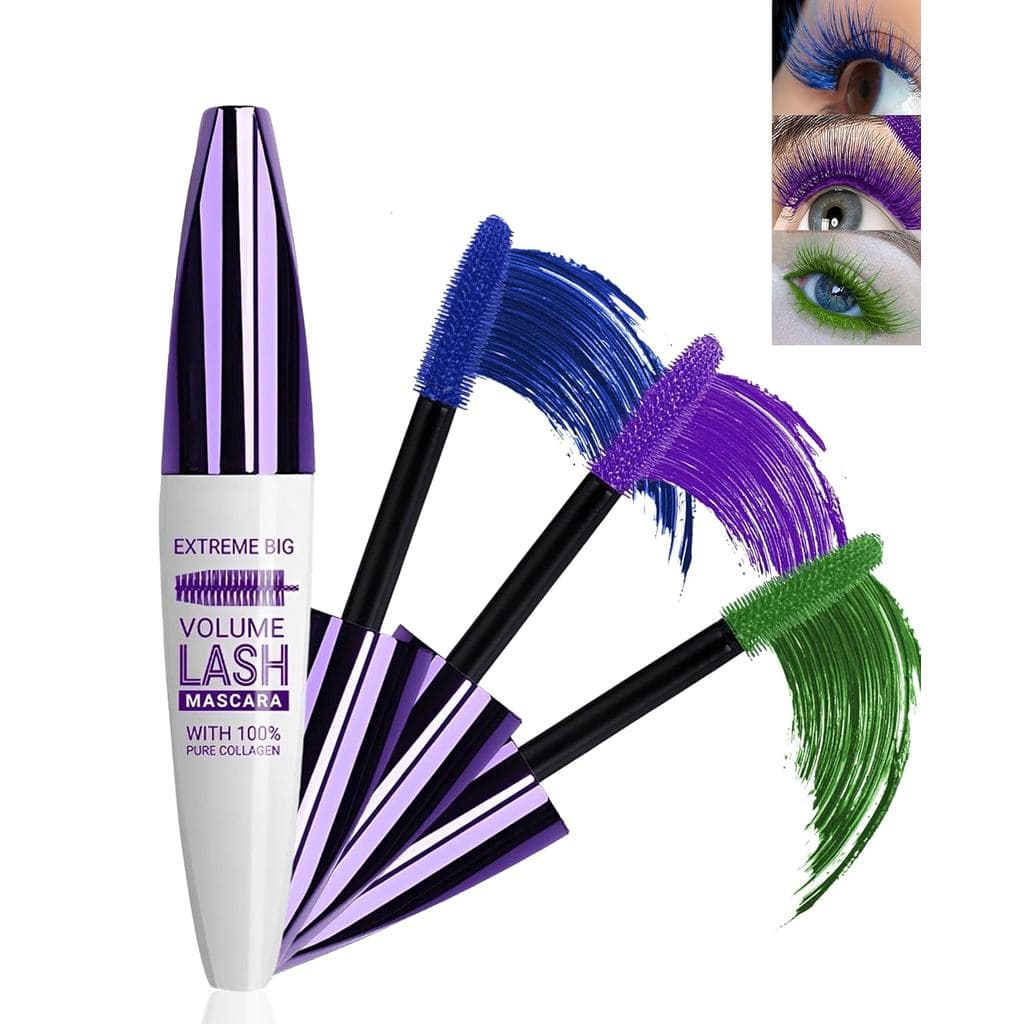 Máscara de Cílios Colorida 5D - 3 Cores Azul, Roxo, Verde, Máscara à Prova d'Água de Longa Duração para Volume e Comprim