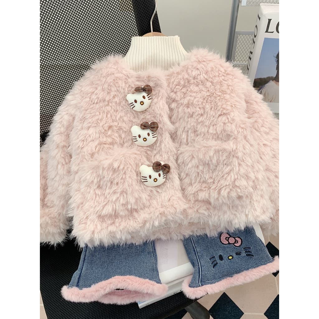 Meninas roupas de inverno novo kt gato engrossado lã camisola jaqueta menina versão coreana moda forro lã quente Casual