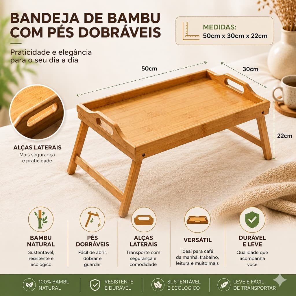 Mesa Bandeja Dobrável em Bambu – Café na Cama com Praticidade e Elegância