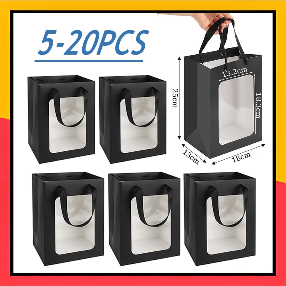 5 sacos de presente de papel com janela transparente de aniversário, saco de presente de festa
