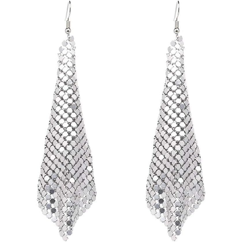 Gold Sequin Earrings Lightweight Metal Mesh Grid Tassel Drop Dangle Earrings Long Hook Earrings Women