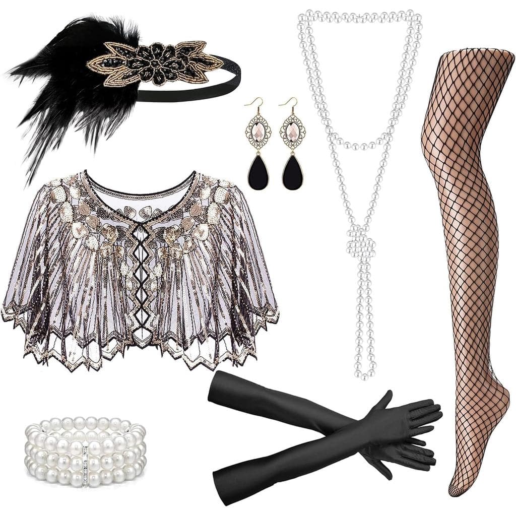 RIOSO Acessórios Femininos Estilo Anos 1920 Flapper Gatsby Roaring 20s Fantasia Preta