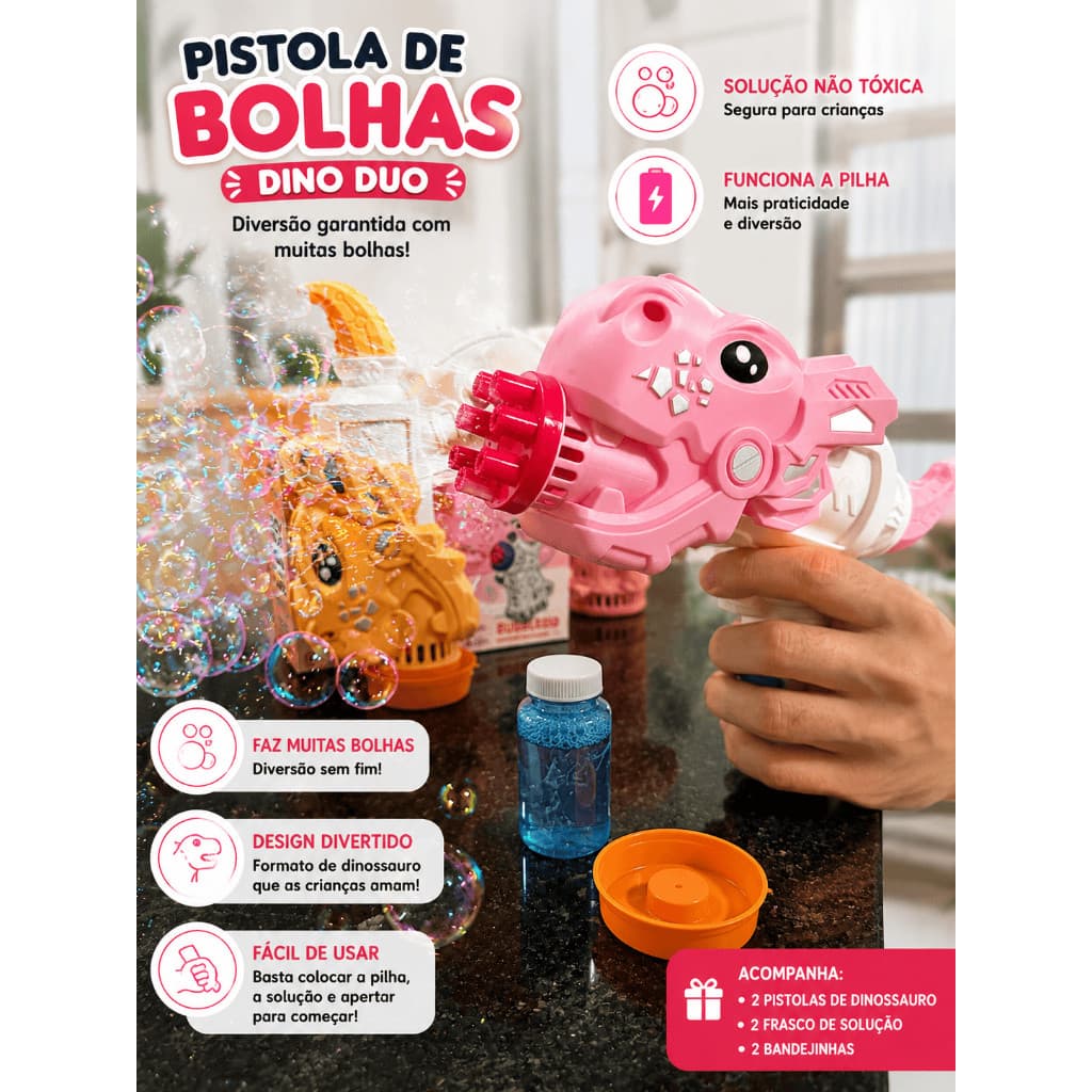 Kit Lança Bolhas de Sabão Dino Duo Brinquedo Infantil Arminha de Bolha para criança (ENVIO IMEDIATO)