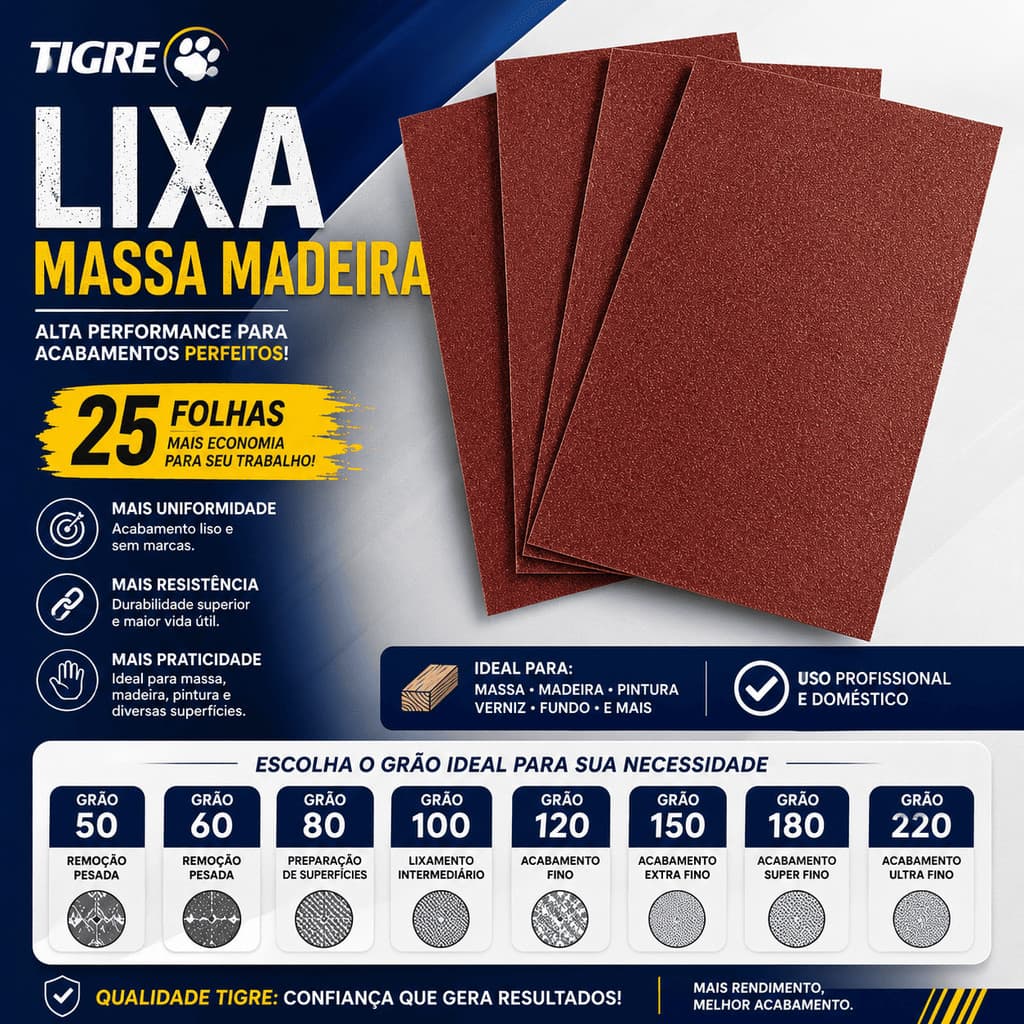 Lixa Massa Madeira Tigre 25 Folhas Reboco Gesso Parede Acabamento Pintura Seco