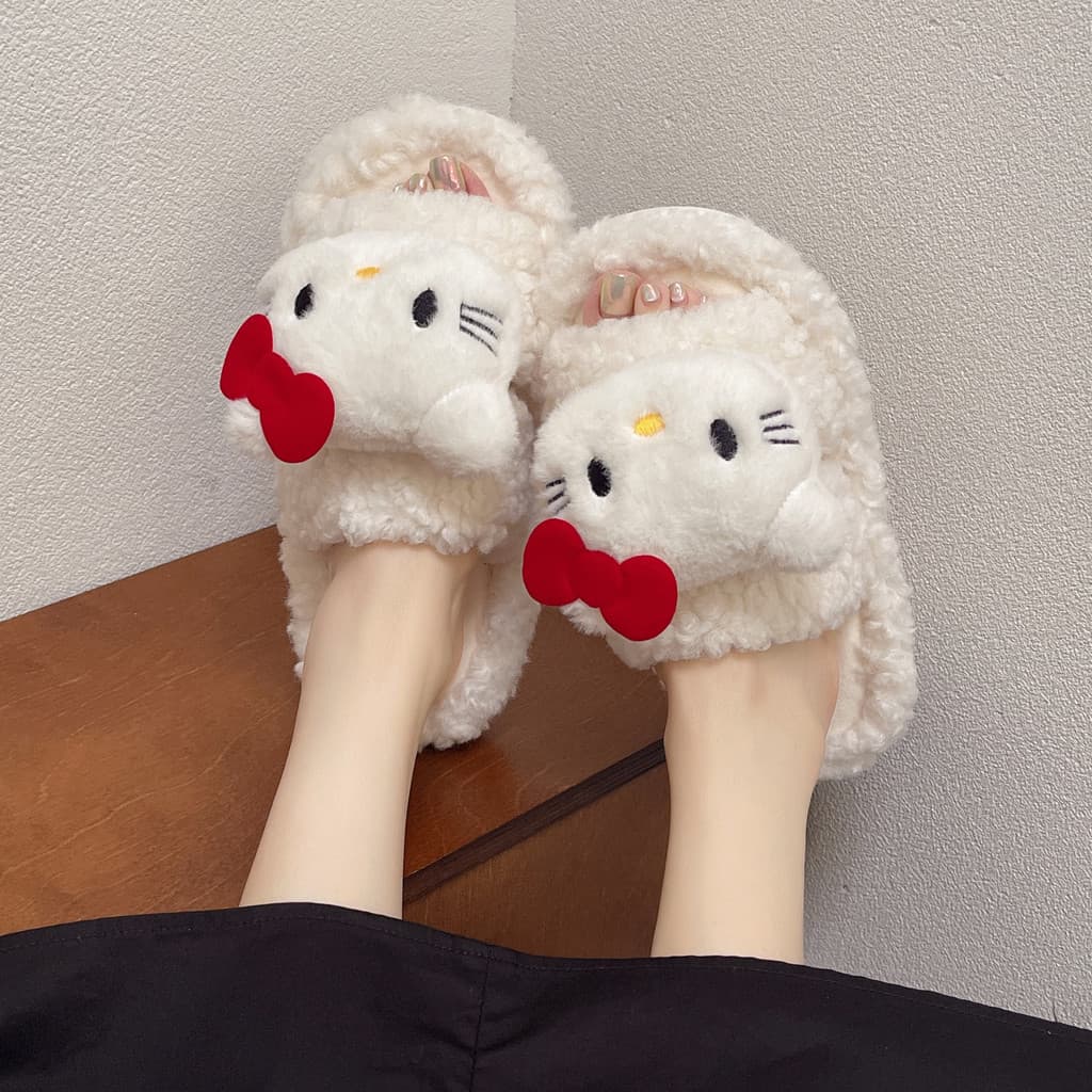 Knock doce venda quente gatinho gato boneca chinelos peludos feminino outono inverno pode usar fora meio arrasto grosso