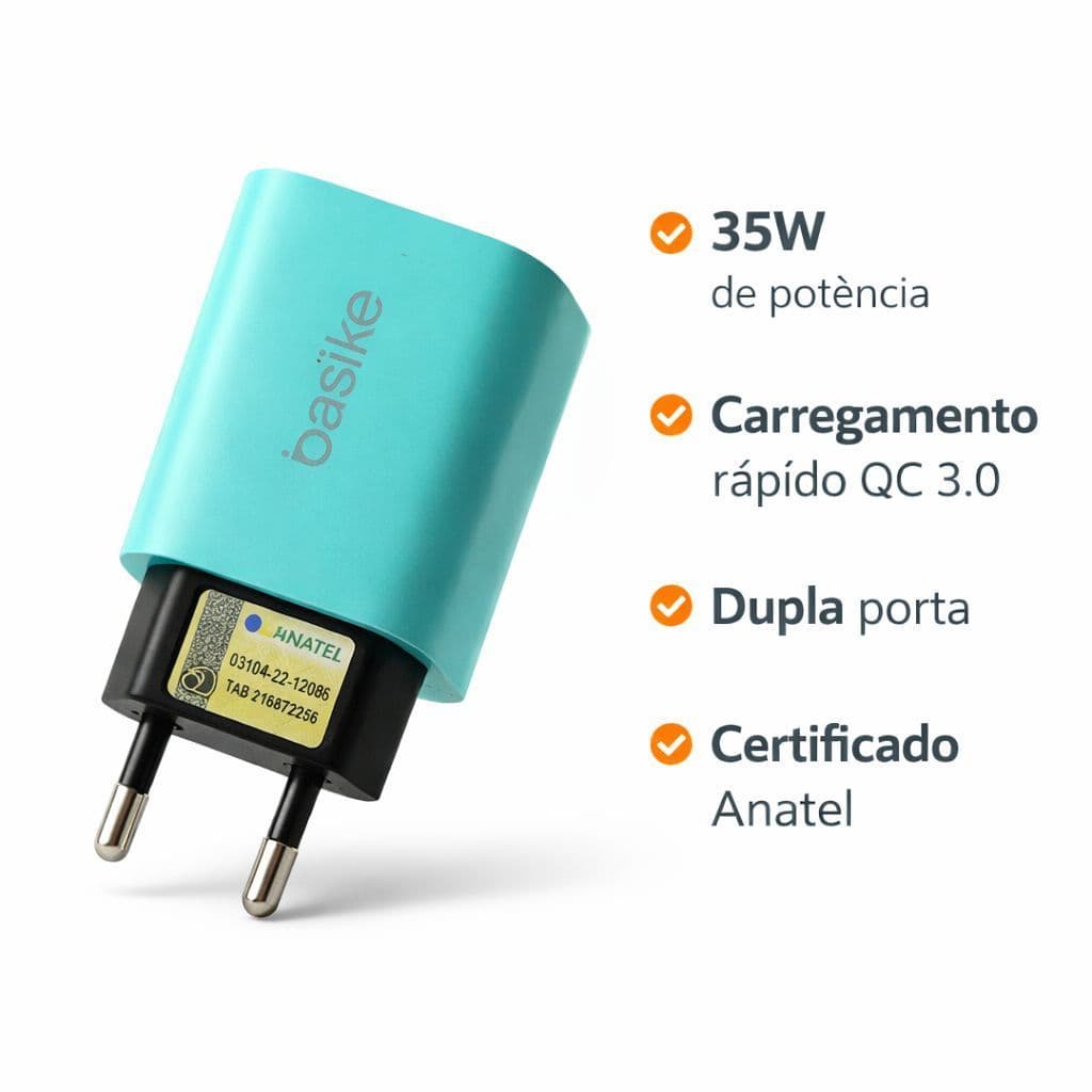 Carregador Turbo 35W GaN USB-C + USB-A Basike QC 3.0 Bivolt Rápido
