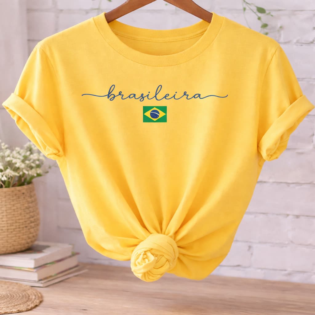 Camiseta Brasileira Amarela Estampa Brasil  100% Algodão Premium Casual Copa Seleção Lançamento