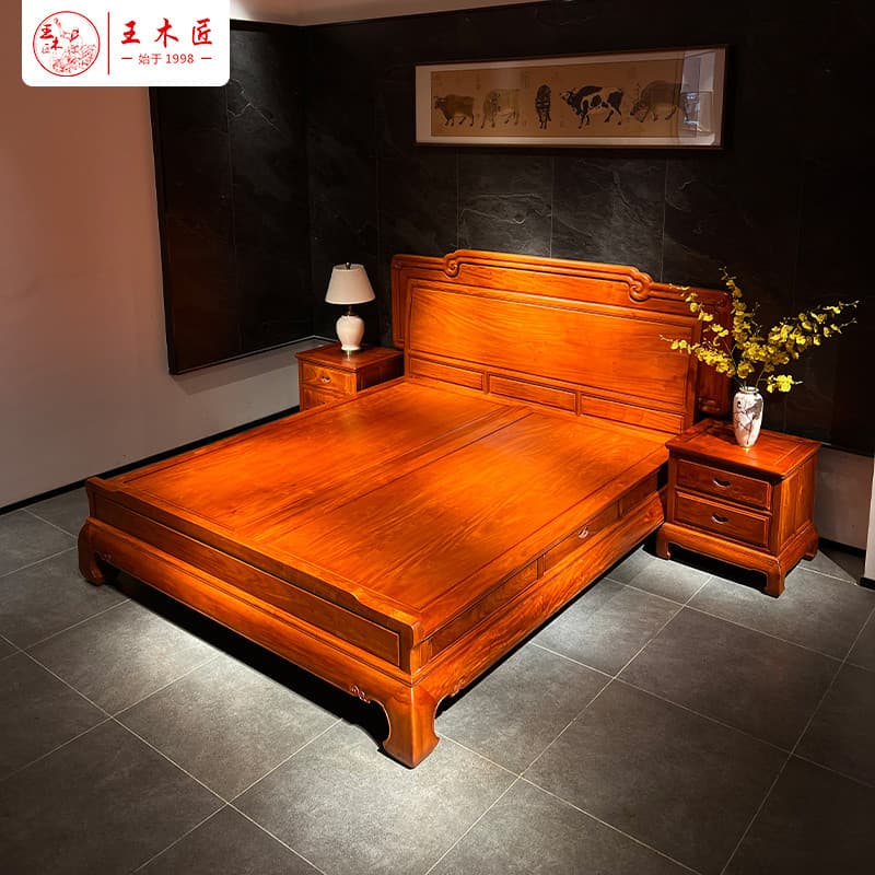 Wang carpinteiro grande fruta vermelho sândalo mogno cama quarto 1.8m cama de casamento dupla pés altos simples birmanês