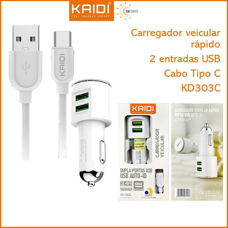 Carregador Veicular Fonte veicular com 2 Saídas Cabo USB para Tipo C 1m Kaidi KD-303C