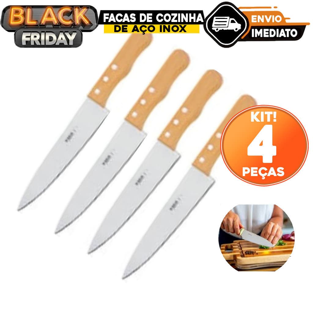 kit 4 Facas de Cozinha Aço Inox Cabo de Madeira Carne Salada Legumes Churrasco