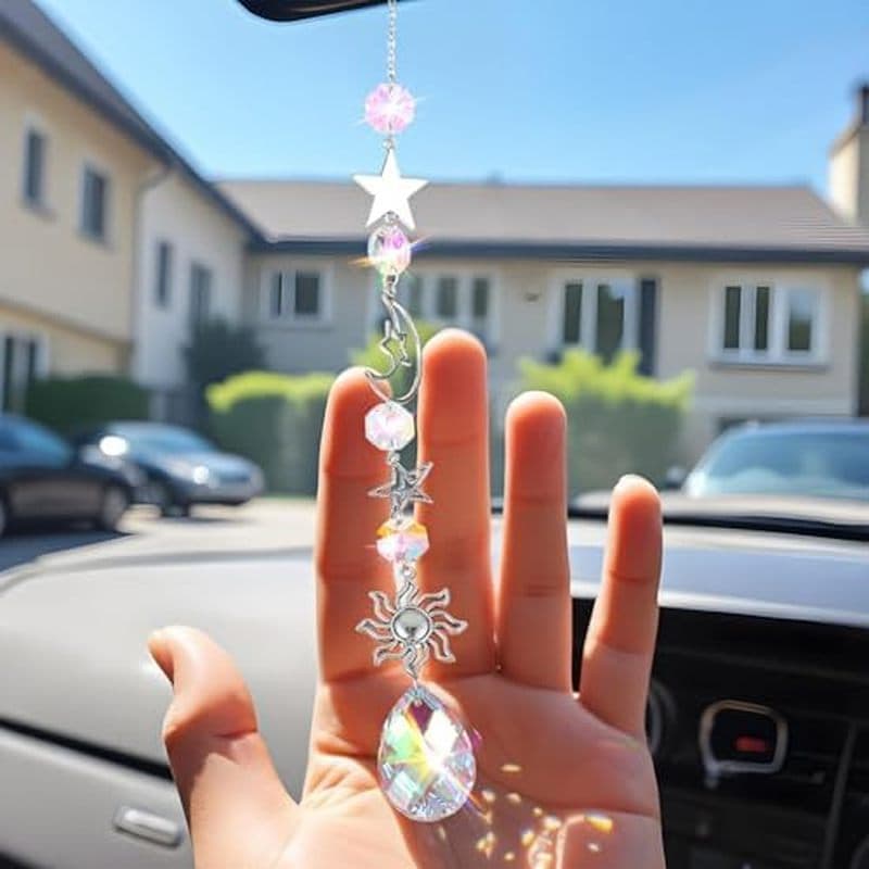 Amuleto De Carro Com Espelho Retrovisor De Lua E Estrela , Pingente Fofo Boho Coletor De Sol , Enfeites De Pedras De Cur