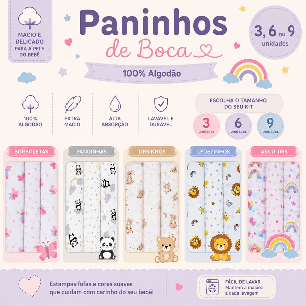 Kit Pano de Boca Bebê 3 6 9 Unidades 100% Algodão Macio Absorvente Incomfral Bublim