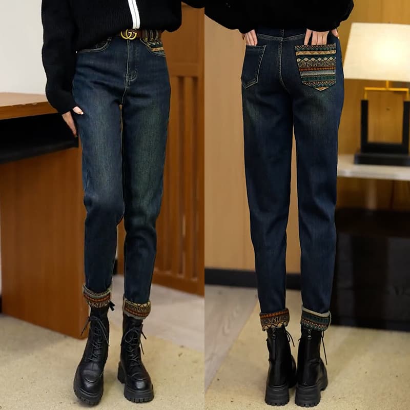 Harlan Jeans feminino primavera outono inverno forro de lã calças papai 2025 novo estilo Martin botas calças tamanho gra