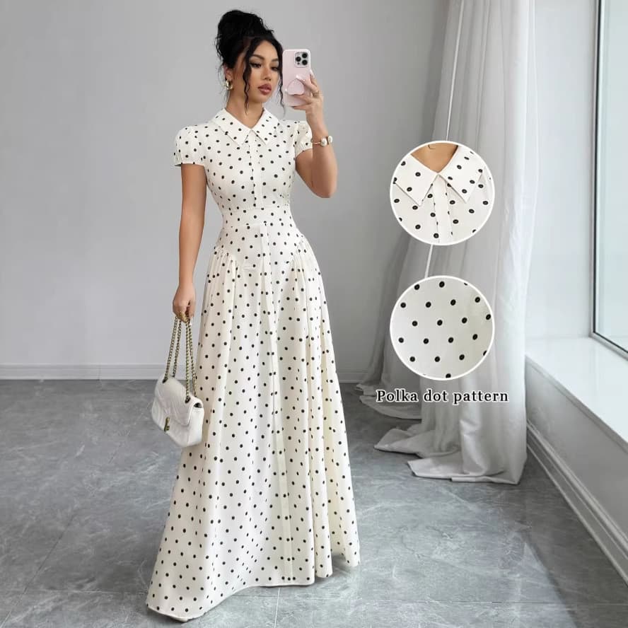 Vestido Longo Feminino Elegante Casual com Estampa de Bolinhas, Manga Curta, Cintura Justa, Estilo Retrô V2YO