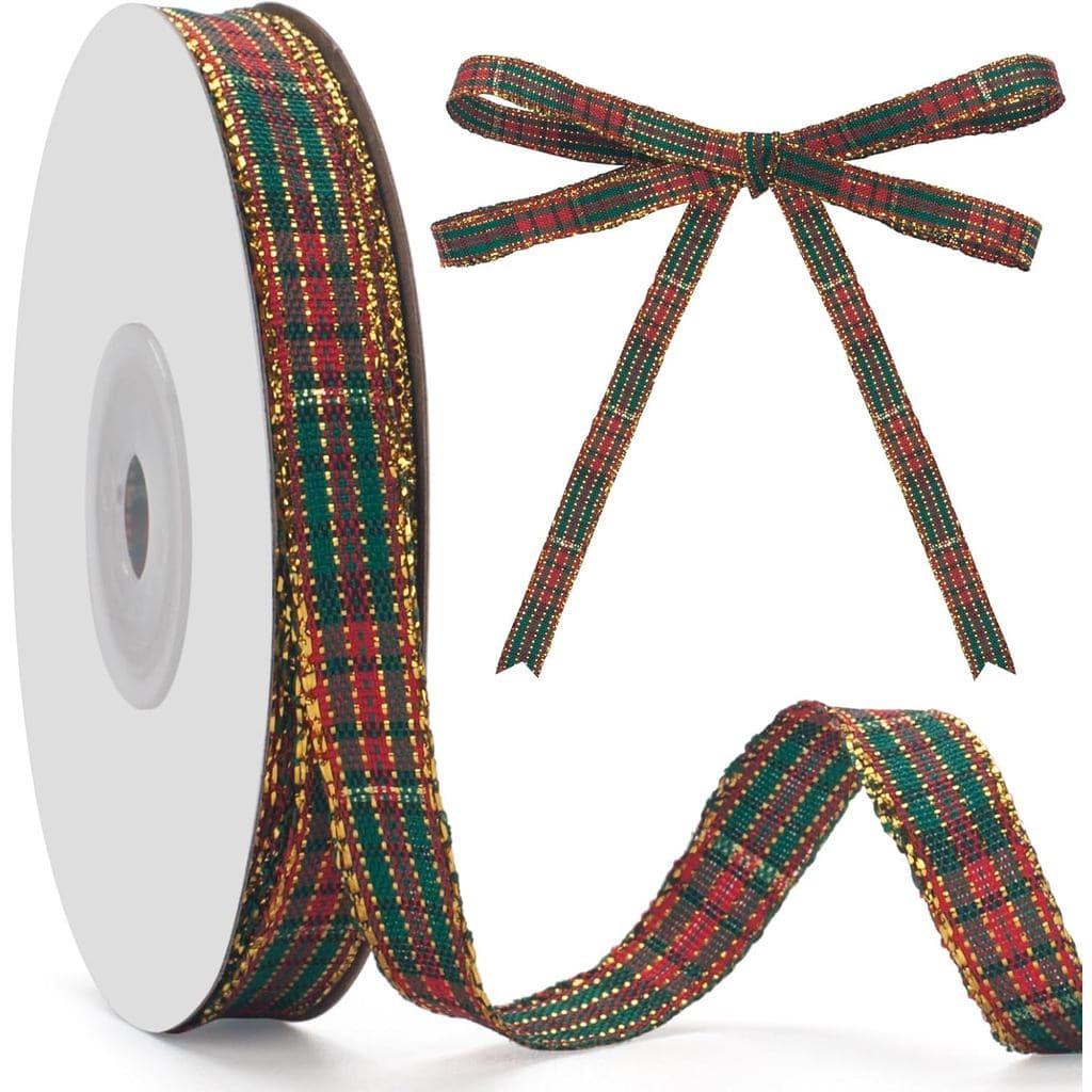 Fita de Gingham Vermelha e Verde, Fita Xadrez de Natal 3/8 POLEGADAS x 25 Jardas, Fitas de Poliéster com Listras e Padrã