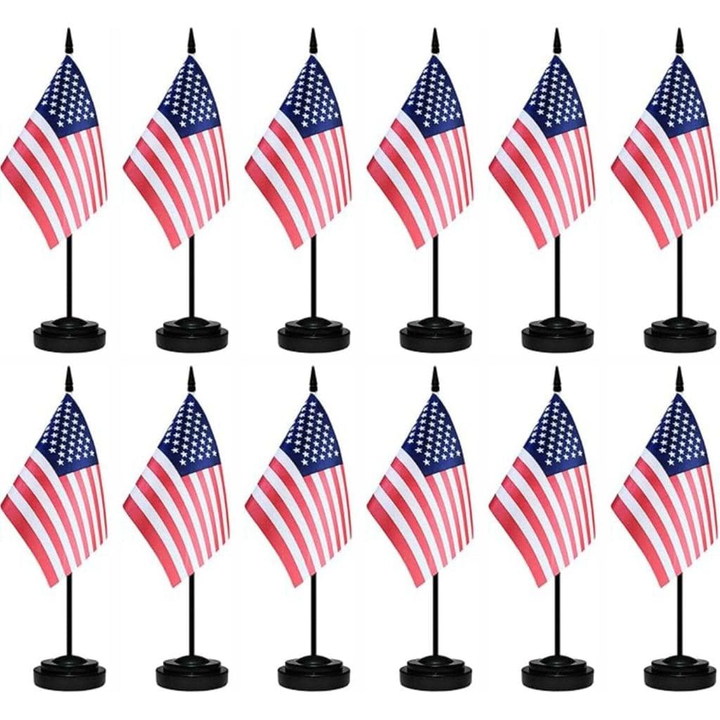 12 Pcs USA Desk Flags Set, American Small Mini Table Office Mini Desktop Flag With Black Flagpole and Black Base For Hom