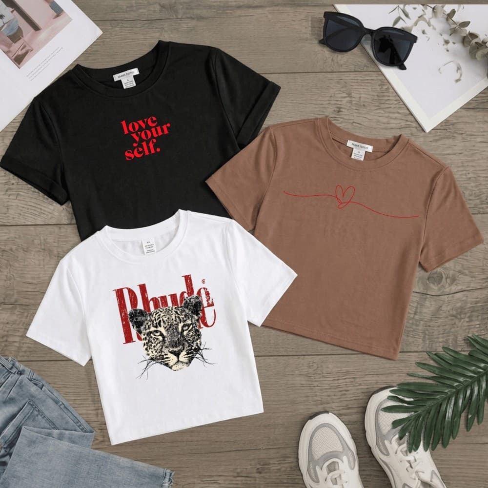 Kit 3 Croppeds Feminina de Algodão Tendencia Onça Rhude Cereja Estilosa Elegante Tumblr Malha Premium T-shirts