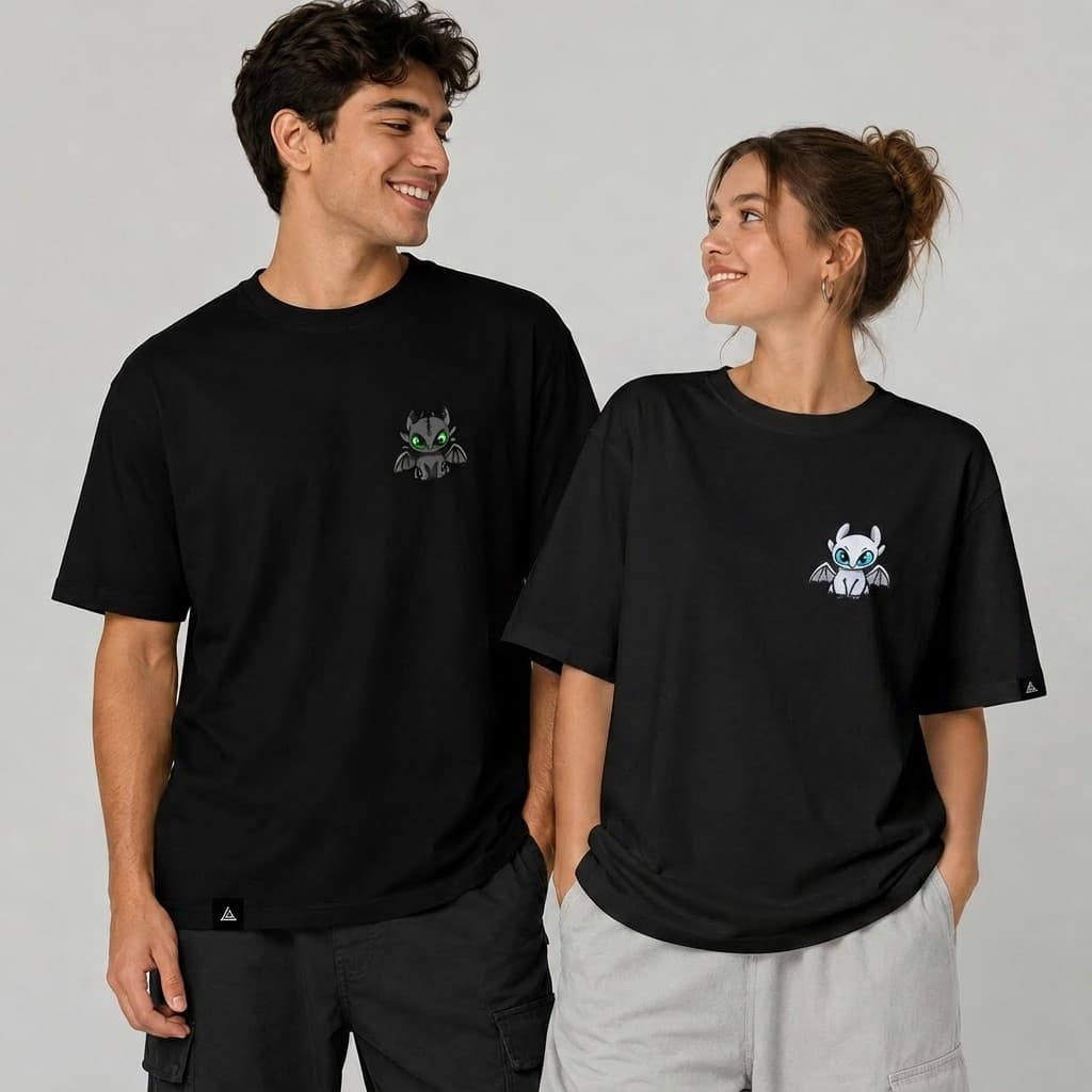Kit Camisetas Casal Dragão Preto e Branco Estampa Fofa Geek Namorados