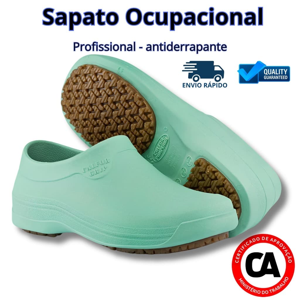 Sapato Ocupacional Calfor Grip Antiderrapante Restaurante Saúde Limpeza com C.A Trabalho Verde
