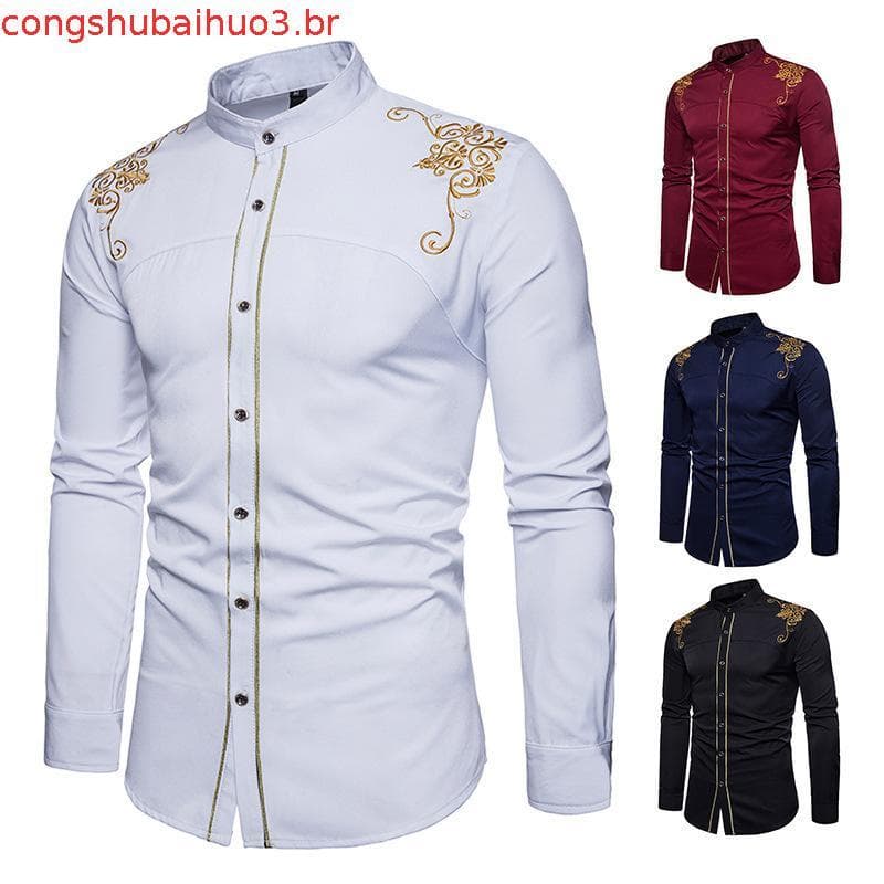 Csa Formal Masculina com Bordado, Manga Longa, Corte m, Premium para Festa Casual e Escritório C5627