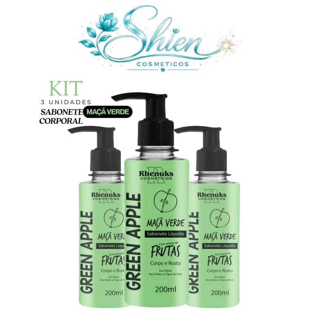 Kit 03 Sabonete Liquido Frutas Corpo e Rosto  Maça Verde 200ml Rhenuks (Afilhado)