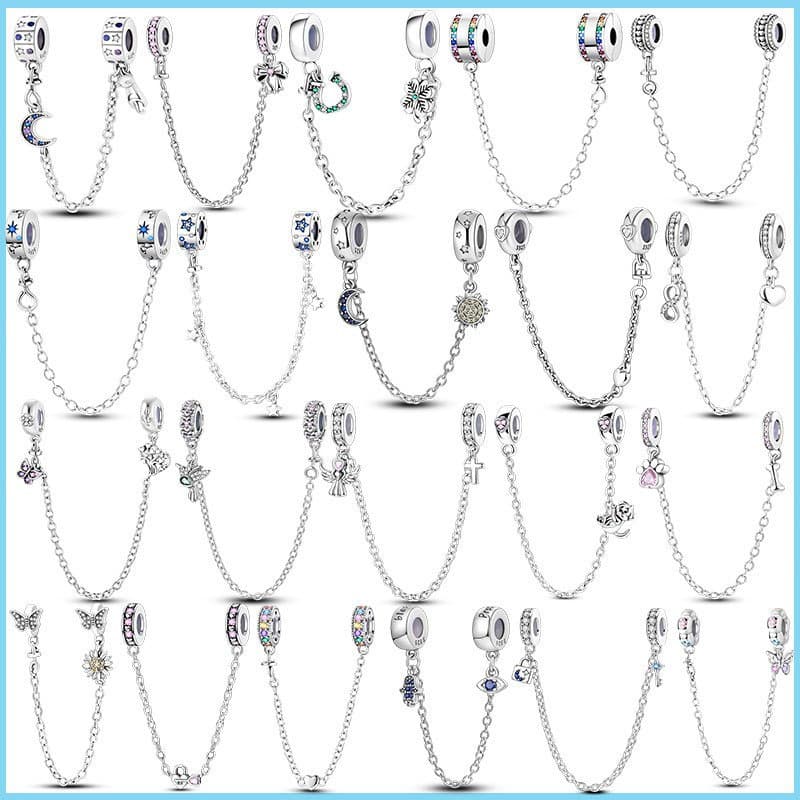 Pingente de Prata Esterlina 925 da Série Safety Chain com Estrela, Lua e Trevo, adequado para pulseiras femininas O QRHA