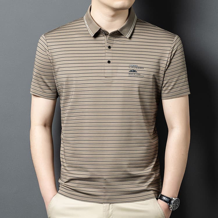 [Ice Feel Milk Silk] [Jin Amônia Sem Costura] Camisa POLO masculina de manga curta de verão Casual listrada moda camiset