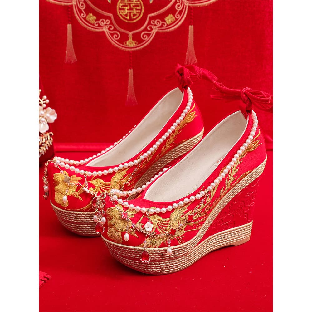 Xiuhe sapatos femininos primavera novo estilo aumentado alta pérola borla antigo salto alto casamento chinês sapatos bor