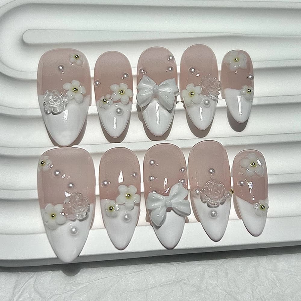 10 Peças Primavera Verão Flores Brancas Amêndoa Francesa Artesanal Imprensa Em Unhas 3D Pérola Arco Rosa Jardim Nupcial
