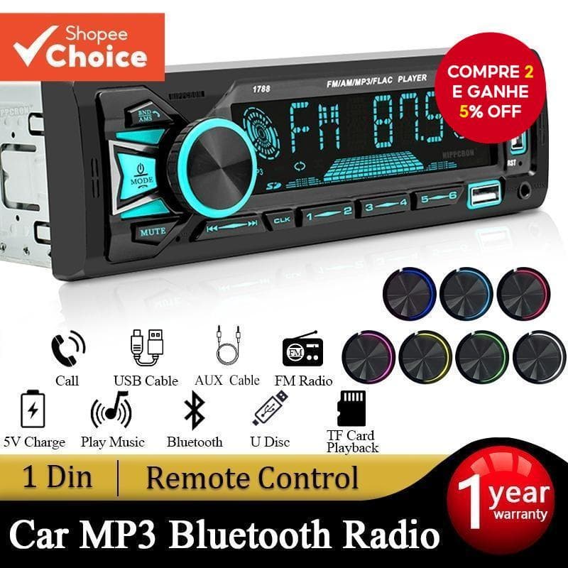 SINOVCLE Rádio Para Carro 1din Srereo Bluetooth MP3 Player Receptor FM Com Controle Remoto Cartão AUX/USB/TF No Painel