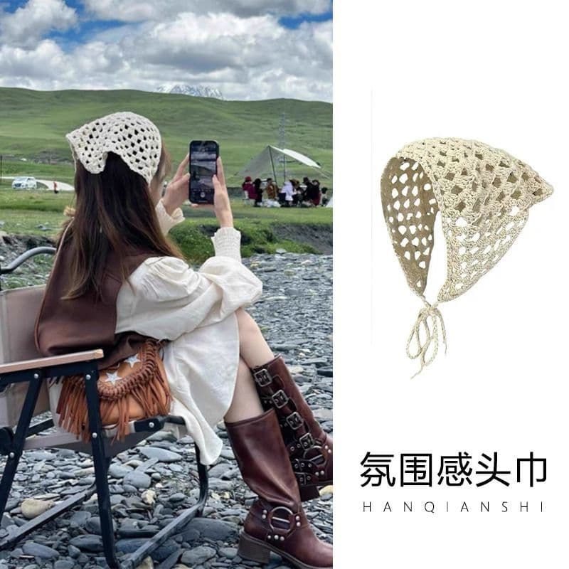 Chuanxi atmosfera usar lenço de malha capa de cabeça triângulo cachecol Retro beira-mar moda francesa foto chapéu de boa