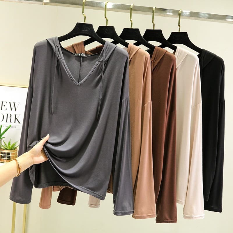 Primavera verão versão coreana Modal manga comprida camiseta feminina moletom com capuz solto camisa de fundo Casual pro