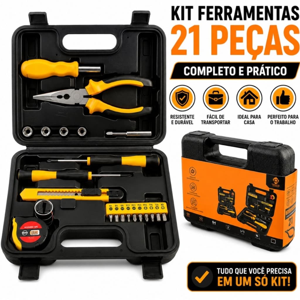 Kit Maleta De Ferramentas 21 Peças Portatil Completo para Reparos em Casa na Cor Amarela com Maleta